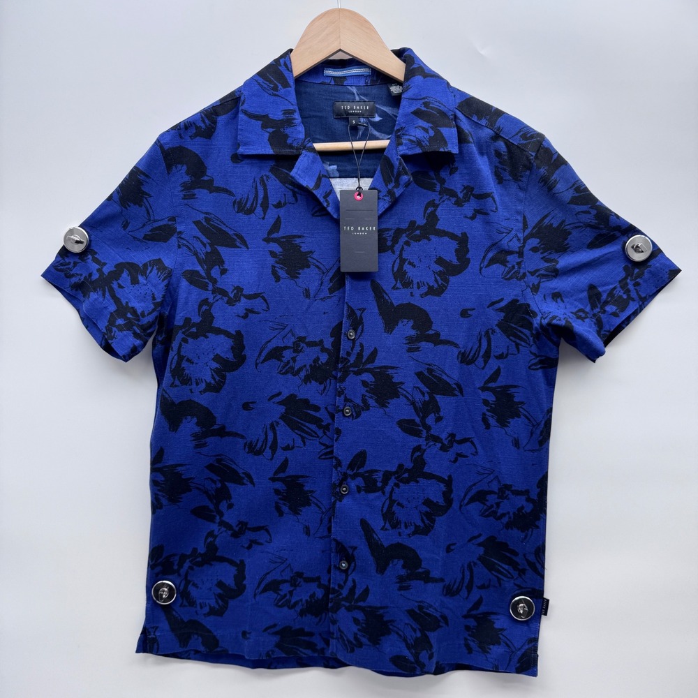 Ted Baker Button Up Shirt Mens S Blue Midnight Sail Floral Camp Collar NEW - Picture 2 of 8